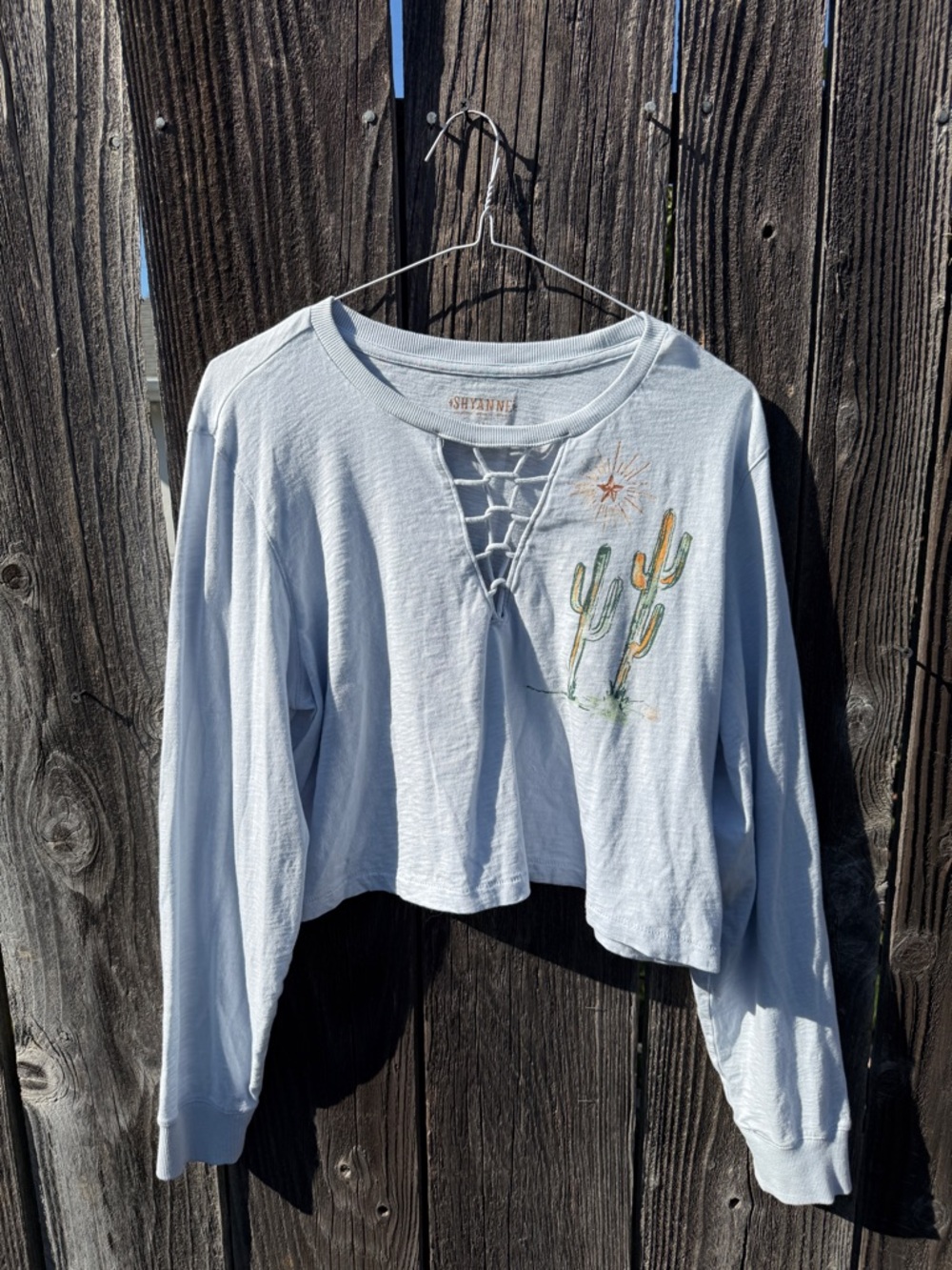 Light Blue Cropped Lace-Up Long Sleeve Shirt